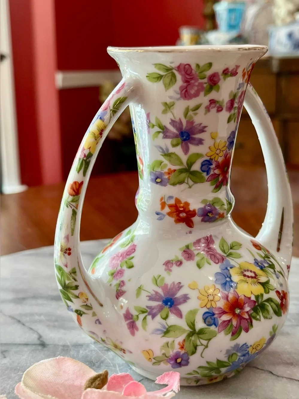 Vintage Gold Castle Japanese Chintz Floral Porcelain Vase Double Handle 5-1/8”